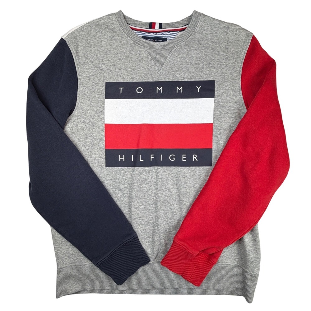 Tommy Hilfiger Mens Colorblock Flag Logo Sweatshirt Grey Red Navy Medium